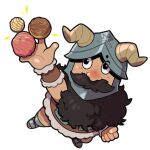  1boy absurdres beard brown_hair chibi dungeon_meshi dwarf facial_hair fake_horns from_above full_body helmet highres horned_helmet horns incoming_food light_blush long_beard looking_up lupin_barnabi male_focus merchandise_available senshi_(dungeon_meshi) solo standing thick_mustache very_long_beard 