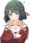  +++ 2girls ^_^ blunt_bangs blunt_ends blush blush_stickers closed_eyes closed_mouth crossed_bangs flower flying_sweatdrops green_eyes green_hair hair_flower hair_ornament hasu_no_sora_school_uniform hinoshita_kaho holding_chibi hug link!_like!_love_live! long_sleeves looking_at_viewer love_live! momose_ginko multiple_girls open_mouth orange_hair outstretched_arms rabbit_hair_ornament repunit sailor_collar school_uniform short_hair simple_background smile spread_arms squiggle upper_body virtual_youtuber white_background white_sailor_collar winter_uniform 
