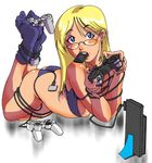 artist_request blonde_hair blue_eyes bra cable copyright_request game_console glasses lingerie lowres memory_card panties playstation_2 plug socks solo underwear underwear_only 