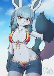 2024 acky05 anthro big_breasts bikini blue_body blue_eyes blue_fur blue_hair blush bottomwear breasts chest_tuft cleavage clothed clothing collarbone crotch_tuft cutoffs denim denim_bottomwear denim_clothing dipstick_tail eeveelution eyebrows eyelashes female front-tie_bikini fur generation_4_pokemon glaceon gloves_(marking) hair hand_on_hip hi_res looking_at_viewer markings navel nintendo pokemon pokemon_(species) shorts side-tie_bikini solo string_bikini swimwear tail tail_markings tuft unbuttoned_bottomwear
