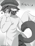 2022 anthro blush bottomwear cjk_character clothing eromame felid feline female female_anthro fully_clothed_anthro greyscale hat headgear headwear heart_symbol inner_ear_fluff japanese_text kemono looking_at_viewer looking_back looking_back_at_viewer mammal monochrome pants shirt simple_background smile snout standing text topwear tuft whiskers