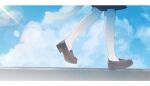  1girl absurdres blue_sky brown_footwear cat_tail chiyuki0321 cloud commentary_request day highres lens_flare light_particles loafers lower_body original outdoors shoes signature sky socks solo tail walking white_socks 