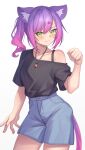  1girl absurdres animal_ear_fluff animal_ears aoi_zerii blush breasts cat_ears cat_girl cat_tail collarbone gradient_hair green_eyes highres hololive looking_at_viewer medium_hair multicolored_hair pink_hair purple_hair side_ponytail smile tail tokoyami_towa virtual_youtuber 