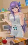  1girl absurdres alternate_breast_size apron bare_shoulders blue_eyes blue_ribbon blush breasts fate/extra fate/extra_ccc fate/grand_order fate_(series) glasses hair_ribbon highres long_hair looking_at_viewer medium_breasts meltryllis_(fate) open_mouth purple_hair quatthro ribbon solo very_long_hair white_apron 