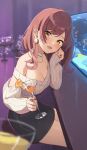  1girl absurdres alcohol bar_(place) black_skirt blush breasts cleavage cleavage_cutout clothing_cutout cocktail cocktail_glass collarbone cup drink drinking_glass earrings highres holding holding_cup idolmaster idolmaster_shiny_colors indoors jewelry long_hair long_sleeves looking_at_viewer medium_breasts nail_polish necklace official_alternate_costume official_alternate_hairstyle open_mouth osaki_amana red_hair ring sitting skirt sleeves_past_wrists smile solo swept_bangs wanimaru yellow_eyes 