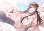  1girl blush breasts brown_hair cardigan cherry_blossoms cloud dress grey_eyes hand_grab long_hair open_cardigan open_clothes open_mouth original pink_cardigan piyopoyo sky translation_request white_dress 