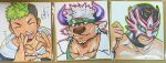  3boys animal_ears ayumitsu_au32 bara black_hair blush brown_fur cow_ears cow_horns dark-skinned_male dark_skin facial_hair furry furry_male goatee green_hair heart heart_hands horns ikusaba_daisuke male_focus minotaur multicolored_hair multiple_boys muscular muscular_male original photo_(medium) portrait purple_horns shennong_(housamo) shikishi short_hair thick_eyebrows tokyo_afterschool_summoners two-tone_hair white_hair 