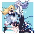  2girls aqua_eyes bare_shoulders blonde_hair blush_stickers boots breasts casual cleavage cleavage_cutout clothing_cutout dark_magician_girl duel_monster floating grey_hair high_heel_boots high_heels highres jacket multiple_girls open_clothes open_jacket pants red_hair shoulder_cutout silent_magician sitting wariza yoshio_296 yu-gi-oh! 