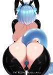  1girl absurdres animal_ears ass backboob bao_(vtuber) bare_back bent_over blue_hair breasts butt_plug cetacean_tail covered_pussy covering_crotch covering_privates fake_animal_ears fins fish_tail highres huge_ass indie_virtual_youtuber latex myth1carts no_bra no_panties playboy_bunny rabbit_ears sex_toy short_hair simple_background solo tail virtual_youtuber whale_girl white_background 