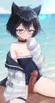  1boy 1girl ahoge animal_collar animal_ear_fluff animal_ears beach black_hair blue_eyes blush breasts censored clothes_down clothes_pull collar cum cum_on_body cum_on_clothes dark-skinned_male dark_skin double-parted_bangs erection glasses grinding hair_ornament highres jacket looking_down mosaic_censoring navel nipples one-piece_swimsuit_pull original out_of_frame penis pussy school_swimsuit scribble_censor sese_nagi sitting small_breasts sweat swimsuit tail thighs wariza white_jacket 