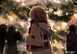  1girl bag black_bag black_ribbon blurry blurry_background brown_hair character_request chinese_commentary christmas commentary_request copyright_request hair_ribbon long_hair outdoors people qing_yan_xia ribbon school_bag shoulder_bag snow solo_focus twintails weibo_watermark winter_clothes 