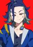 1boy adaman_(pokemon) blue_coat blue_hair brown_eyes closed_mouth coat collarbone commentary_request eyebrow_cut highres jewelry loose_hair_strand male_focus mouth_hold neck_ring open_clothes open_coat ora_(oraora_oekaki) pokemon pokemon_legends:_arceus ponytail red_background shirt simple_background solo stalk_in_mouth upper_body 