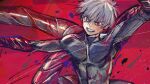  1boy blood blood_on_face blue_pupils fighting grey_eyes grin heterochromia highres ishida_sui kagune_(tokyo_ghoul) kaneki_ken multicolored_background official_art red_background red_eyes smile tentacles tokyo_ghoul white_hair 