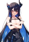  1girl absurdres asymmetrical_horns bad_link bare_arms bare_shoulders black_hair black_horns blue_hair breasts center_opening colored_inner_hair covered_nipples demon_horns embarrassed highres hololive hololive_english horns large_breasts leather_belt light_blush light_smile long_hair looking_down mole mole_under_eye multicolored_hair nerissa_ravencroft nerissa_ravencroft_(1st_costume) red_eyes seion very_long_hair virtual_youtuber white_background 