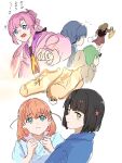  5girls anyoji_hime aqua_eyes averting_eyes backpack bag black_bag black_hair black_ribbon blonde_hair blue_eyes blue_hair blue_kimono blue_ribbon blue_shirt blunt_bangs blunt_ends brown_cardigan brown_dress brown_hair cardigan collared_shirt crossed_bangs dark_blue_hair dress emoji flower flying_sweatdrops glowing gold_footwear gradient_hair green_eyes hair_flower hair_ornament hair_ribbon handbag hasu_no_sora_school_uniform highres hinoshita_kaho holding holding_bag holding_sack holding_stuffed_toy jacket japanese_clothes kachimachi_kosuzu kimono light_frown link!_like!_love_live! long_hair long_sleeves looking_at_object looking_back love_live! low_twintails medium_dress medium_hair momose_ginko multi-tied_hair multicolored_hair multiple_girls muneta_(ntani_2) murano_sayaka neckerchief official_alternate_costume open_clothes open_jacket orange_hair pink_hair pink_jacket pleading_eyes pleading_face_emoji pleated_dress ponytail rabbit_hair_ornament ribbon running sack sailor_dress scene_reference school_uniform shirt shoes short_hair sidelocks sideways_glance simple_background sketch sneakers stuffed_dinosaur stuffed_toy swept_bangs translation_request twintails two_side_up v-shaped_eyebrows virtual_youtuber white_background winter_uniform yellow_bag yellow_neckerchief 