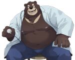 2024 5_fingers anthro bear belly big_belly bottomwear brown_body brown_fur bulge clothed clothing doctor fingers fur hi_res humanoid_hands kemono male mammal medical_instrument moobs navel nipples noctnoc open_clothing open_mouth open_shirt open_topwear overweight overweight_male pants scientific_instrument shirt sitting smile solo topwear