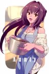  1girl apron bare_shoulders blue_apron breasts collarbone cooking_pot echo_(circa) fate/grand_order fate_(series) large_breasts long_hair long_sleeves looking_at_viewer off-shoulder_sweater off_shoulder open_mouth ponytail purple_hair red_eyes ribbed_sweater scathach_(fate) smile solo sweater white_sweater 