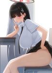  1girl absurdres bare_legs black_hair black_necktie blue_archive blush breasts chair classroom clothes_lift desk embarrassed feet_out_of_frame finger_to_mouth from_side hair_ornament highres indoors large_breasts long_hair looking_at_viewer mijikayo necktie no_panties pleated_skirt red_eyes rio_(blue_archive) school_chair school_desk school_uniform shirt short_sleeves shushing sitting skirt skirt_lift solo straight_hair thighs very_long_hair white_shirt 