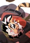  1boy :q animal_ears ass bara beard beret blush camouflage camouflage_scarf facial_hair foreshortening full_beard furry furry_male hat highres looking_at_viewer lying male_focus muscular muscular_male on_stomach one_eye_closed pectorals ruentn sanpaku seductive_smile smile solo tail thick_eyebrows thighs tiger_ears tiger_tail tokyo_afterschool_summoners tongue tongue_out white_hair willie_wildcat_(housamo) 