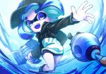  1girl :d baseball_cap black_hat black_shorts blue_trim commentary dolphin_shorts gun hat highres holding holding_gun holding_weapon inkling inkling_girl inkling_player_character medium_hair mugokoro_spl open_mouth print_headwear shorts smile solo splatoon_(series) splatoon_3 splattershot_jr_(splatoon) symbol-only_commentary tentacle_hair thick_eyebrows torpedo_(splatoon) weapon 