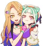  2girls :3 :d black_choker blonde_hair blunt_bangs bracelet chimumu choker closed_mouth commentary_request cone_hair_bun double_bun gloves green_hair hair_bun hair_ornament hand_up hat head_on_another&#039;s_shoulder jewelry ko_(kochan_pr) long_hair looking_at_another multicolored_hair multiple_girls open_mouth pink_gloves pretty_series purple_shirt shirt short_hair short_sleeves sidelocks simple_background smile star_(symbol) star_choker star_hair_ornament star_sticker sticker_on_face streaked_hair upper_body waccha_primagi! white_background white_hair yayoi_hina yellow_eyes 