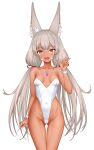  1girl :d absurdres animal_ears ass_visible_through_thighs bare_shoulders blush breasts brown_hair cat_ears cat_girl collarbone core_crystal_(xenoblade) covered_navel feichu_keju fingernails highleg highleg_leotard highres leotard long_hair nia_(blade)_(xenoblade) nia_(xenoblade) open_mouth playboy_bunny simple_background small_breasts smile solo strapless strapless_leotard tan twintails very_long_hair w white_background white_leotard wrist_cuffs xenoblade_chronicles_(series) xenoblade_chronicles_2 yellow_eyes 