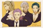  4boys black_necktie black_sclera black_suit blonde_hair candy character_request charles_contini collared_shirt colored_sclera cropped_torso domina_blowelive earmuffs eyepatch facial_mark food green_hair hands_up kenny_clark levi_rosequartz lollipop long_hair mashle multiple_boys nadachimachi_(user_nven5788) necktie pink_hair shirt speech_bubble suit upper_body white_hair 