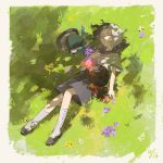  1boy absurdres aged_down amethio_(pokemon) border charcadet closed_eyes commentary_request day flower grass hazel_maier highres lying male_focus neckerchief on_back outdoors parted_lips pokemon pokemon_(anime) pokemon_(creature) pokemon_horizons purple_flower rookidee sailor_collar school_uniform shoes short_sleeves shorts sleeping socks white_border 
