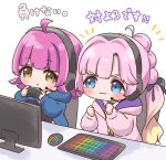  2girls :3 :o ahoge anyoji_hime black_headphones black_ribbon black_thighhighs blonde_hair blue_eyes blue_jacket blunt_bangs blunt_ends blush brown_eyes chibi chibi_only clenched_hands commentary controller desk game_controller gradient_hair hair_intakes hair_ribbon hands_up hasu_no_sora_school_uniform highres holding holding_controller holding_game_controller hood hooded_jacket in-franchise_crossover jacket keyboard_(computer) knees_up link!_like!_love_live! long_hair long_sleeves looking_at_another love_live! love_live!_nijigasaki_high_school_idol_club medium_hair monitor mouse_(computer) multi-tied_hair multicolored_hair multiple_girls neckerchief nijigasaki_academy_school_uniform notice_lines on_chair open_clothes open_jacket parted_lips pink_hair pink_jacket ponytail rgb_lights ribbon ritaso sailor_collar school_uniform sidelocks sitting swept_bangs tennoji_rina thick_eyebrows thighhighs trait_connection translation_request v-shaped_eyebrows very_long_hair virtual_youtuber white_background white_sailor_collar winter_uniform yellow_neckerchief 