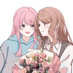  2girls bang_dream! bang_dream!_it&#039;s_mygo!!!!! blue_eyes blue_hoodie blush bouquet brown_hair chihaya_anon commentary fang flower hashtag-only_commentary highres holding holding_bouquet hood hoodie long_hair looking_at_another multiple_girls nagasaki_soyo open_mouth parted_lips pink_flower pink_hair pink_rose rose shirt simple_background smile upper_body white_background white_shirt yeyep0911 