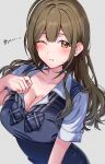  1girl absurdres blue_bow blue_bowtie blue_sweater_vest blunt_bangs blurry blush bow bowtie breasts brown_eyes brown_hair cleavage collarbone collared_shirt commentary_request depth_of_field grey_background hair_down hand_on_own_chest hand_up highres idolmaster idolmaster_shiny_colors kuwayama_chiyuki large_breasts long_hair looking_at_viewer one_eye_closed parted_lips partially_unbuttoned plaid plaid_bow plaid_bowtie pol_winner school_uniform shirt short_sleeves sidelocks simple_background solo sweat sweater_vest translated upper_body wavy_hair white_shirt 