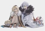  1boy 1girl ankle_cuffs arlecchino_(genshin_impact) aventurine_(honkai:_star_rail) black_coat black_hair blonde_hair blood blood_on_clothes blood_on_face child coat crying crying_with_eyes_open cuffs dirty dirty_clothes doll fur-trimmed_coat fur_trim genshin_impact hand_on_another&#039;s_head headpat highres honkai:_star_rail honkai_(series) in-franchise_crossover multicolored_eyes multicolored_hair rags shackles signature symbol-shaped_pupils tears torn_clothes white_coat white_hair x-shaped_pupils yaoyaobae 