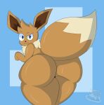 anthro big_butt big_tail brown_body butt ears_up eevee eyebrows generation_1_pokemon hi_res looking_at_viewer male maxxivee nintendo pokemon pokemon_(species) raised_eyebrow raised_hand raised_tail simple_background solo tail thick_thighs