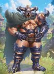  1boy 6suan abs armor armored_boots bara bare_pectorals boots brown_male_underwear bulge chest_belt cloud dark-skinned_male dark_skin day draph full_body gauntlets granblue_fantasy grass greaves helmet highres horns large_pectorals male_focus male_underwear muscular muscular_male outdoors pauldrons pectorals shoulder_armor sky solo standing subtitled thick_thighs thighs underwear vaseraga 