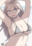  1girl :d absurdres arms_up bikini blue_eyes breasts brown_hair dated glasses hadashi_no_kenji highres long_hair medium_breasts navel original smile solo standing swimsuit 