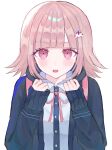  1girl blush breasts brown_hair collared_shirt danganronpa_(series) danganronpa_2:_goodbye_despair dress_shirt flipped_hair galaga hair_ornament highres hood jacket long_sleeves looking_at_viewer medium_hair mi_suri nanami_chiaki neck_ribbon open_clothes open_jacket pink_eyes pink_ribbon ribbon shirt solo white_shirt 