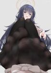  1girl absurdres black_hair black_pantyhose blue_archive blue_eyes blue_headband embarrassed feet foot_focus glasses grey_background halo headband highres j.c.14 long_hair pantyhose simple_background soles solo sweater toes ui_(blue_archive) wavy_mouth 