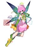  1girl artist_logo artist_name black_eyes boots detached_sleeves digimon digimon_(creature) dress fairy flower full_body green_footwear green_sleeves hair_vines highres knee_boots leaf_wings lilimon long_hair looking_at_viewer monster_girl nail_polish pink_dress pink_nails plant plant_girl plant_hair simple_background smile solo watermark white_background youzaiyouzai112 