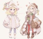  2girls asteria_of_the_white_woods bag black_pantyhose blonde_hair blue_eyes book boots brown_coat brown_footwear brown_hat coat diabellstar_the_black_witch diabellze_the_original_sinkeeper dress duel_monster grey_eyes grey_hair hat heart holding holding_book hood hood_up kiyuubsth long_hair looking_at_viewer medium_hair monocle multiple_girls pantyhose red_pantyhose risette_of_the_white_woods simple_background sweater sweater_dress twitter_username very_long_hair white_background white_dress white_footwear white_hat witch witch_hat yu-gi-oh! 