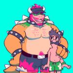  2boys absurdres alternate_body_hair alternate_costume alternate_facial_hair bara belly bowser brown_hair couple cowboy_shot duke_(orangelionduke) facial_hair furry furry_with_non-furry goatee hand_on_another&#039;s_shoulder highres interspecies large_pectorals luigi male_focus mario_(series) mature_male multiple_boys muscular muscular_male navel_hair pectorals pencil_mustache plump shell short_shorts shorts size_difference sparse_chest_hair standing stomach thick_mustache yaoi 