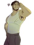  1boy absurdres armpit_hair armpit_hair_peek bara beard black_hair cowboy_shot facial_hair full_beard furrowed_brow goatee hand_on_own_cheek hand_on_own_face highres large_pectorals long_sideburns looking_at_viewer magnus_mordium_(plateforrat) male_focus mature_male muscular muscular_male original pants pectoral_cleavage pectorals plateforrat scar scar_on_cheek scar_on_face short_hair sideburns sidepec solo squiggle standing tank_top thick_eyebrows track_pants tsurime white_tank_top 