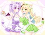  2girls animal_ear_fluff animal_ears apron bare_shoulders blonde_hair blue_hair bow breasts cat_ears cat_girl cat_tail choker cleavage commentary_request dress fork frilled_apron frilled_choker frills green_choker green_dress green_eyes green_ribbon hair_between_eyes hair_bow hair_ornament hair_ribbon hairclip heart heart_background highres holding holding_fork holding_plate large_breasts maid maid_headdress mini_wings multicolored_hair multiple_girls one_side_up original pixelated plaid plaid_dress plate pleated_dress purple_bow purple_choker purple_dress purple_eyes purple_hair purple_wings ribbon shikito_(yawa0w0) tail tail_bow tail_ornament two-tone_hair white_apron white_background wings 