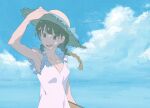  1girl 7ife blue_sky braid breasts brown_eyes brown_hair cloud day dress hat highres looking_to_the_side open_mouth original outdoors sketchbook sky small_breasts solo straw_hat twin_braids upper_body white_dress 