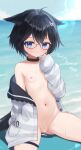  1girl ahoge animal_collar animal_ear_fluff animal_ears beach black_hair blue_eyes blush breasts censored clothes_down collar cum cum_on_body cum_on_clothes double-parted_bangs ears_down glasses hair_ornament highres jacket looking_at_viewer naked_jacket navel nipples nude original pussy scribble_censor sese_nagi sitting small_breasts solo sweat tail thighs wariza wavy_mouth white_jacket 