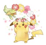  animal_focus brown_eyes comfey commentary_request flower full_body green_eyes head_wreath no_humans open_mouth pikachu pink_flower pokemon pokemon_(creature) red_flower satotsu simple_background smile solo standing white_background white_flower yellow_flower 