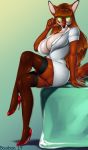  2019 anthro big_breasts bourbon._(artist) breasts canid canine cleavage clothed clothing curvaceous eyewear female footwear fox glasses glowing glowing_eyes high_heels legwear looking_at_viewer mammal panties panty_shot shoes sitting solo stockings thick_thighs thigh_highs underwear wide_hips 