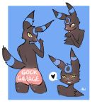 akibun anthro black_body black_fur blue_background blue_body blue_fur blue_markings border bottomwear clothing eeveelution english_text fur fur_markings generation_2_pokemon heart_symbol looking_at_viewer male markings multicolored_body multicolored_fur nintendo pink_bottomwear pink_clothing pink_shorts pokemon pokemon_(species) shiny_pokemon shorts simple_background smile solo text two_tone_body two_tone_fur umbreon white_border yellow_eyes