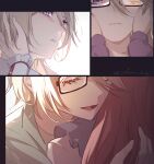  2girls brown_hair close-up closed_mouth glasses hair_between_eyes hand_on_another&#039;s_face hand_up hands_on_another&#039;s_face hug ko_(kochan_pr) long_sleeves multiple_girls multiple_views open_mouth out_of_frame pretty_series purple_eyes smile sumeragi_amane_(pretty_series) waccha_primagi! yayoi_hina yuri 
