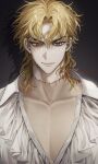  1boy absurdres blonde_hair collarbone collared_shirt dio_brando eyelashes grey_background hair_between_eyes highres jojo_no_kimyou_na_bouken long_hair looking_at_viewer madengx male_focus messy_hair pectoral_cleavage pectorals phantom_blood red_eyes shadow shirt solo stitched_neck stitches upper_body white_shirt 