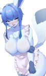  1girl absurdres animal_ears animal_hands animal_nose apron blue_eyes blue_fur blue_hair blush body_fur breasts cleavage fang furry furry_female hand_on_own_arm highres large_breasts looking_at_viewer maid_apron manmarumao medium_hair open_mouth original simple_background solo standing tail thighs tongue white_background 